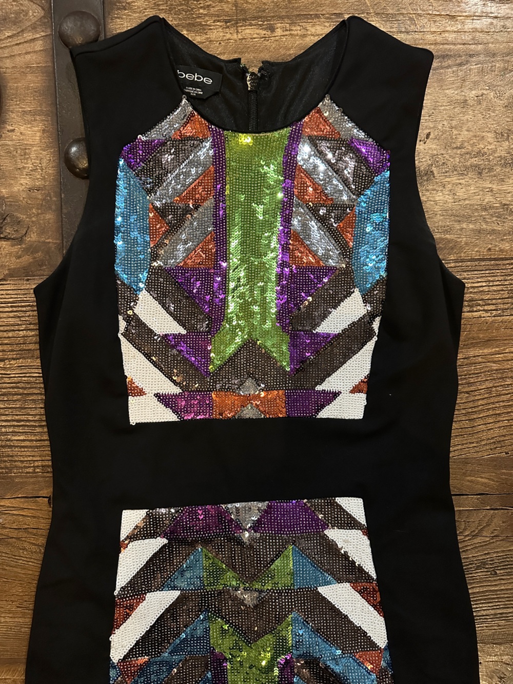 Bebe Black Sleeveless Dress with Multicolor Sequin Geo Panels